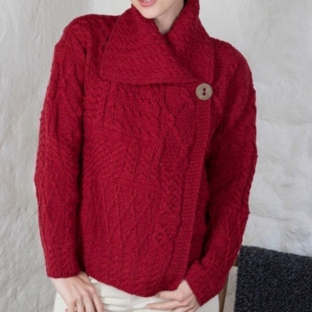 Aran Red Wool “Corina” Cardigan Irish Patchwork Wrap Button Collar Merino XS